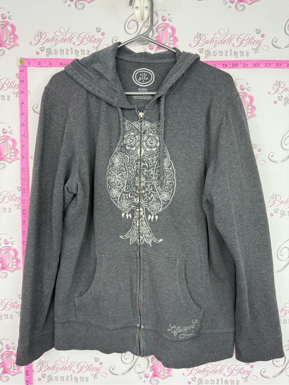 Life Is Good Gray Zip Hoodie with White Owl Motif